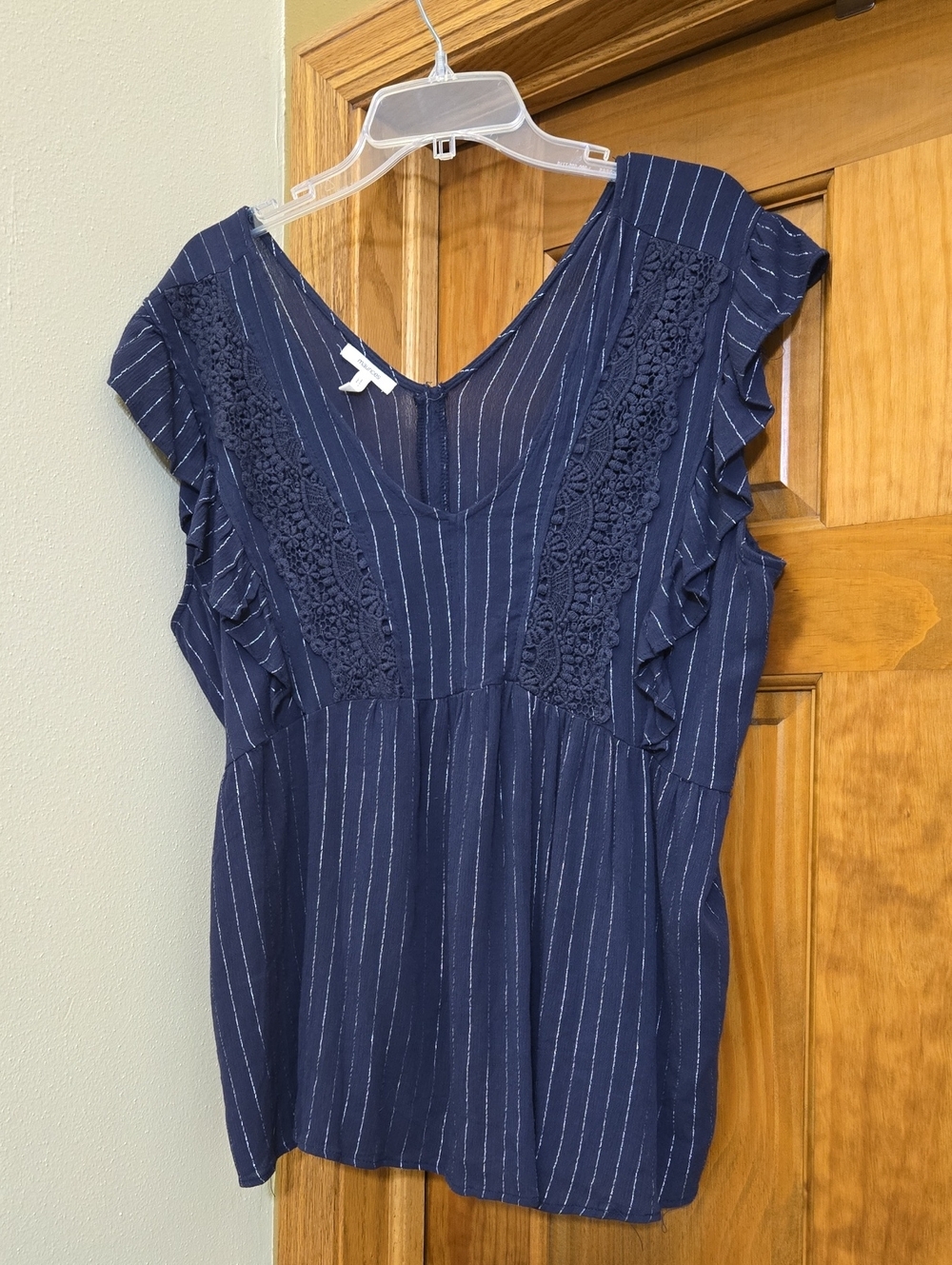 Navy Pinstriped Ruffle Sleeve V-Neck Top